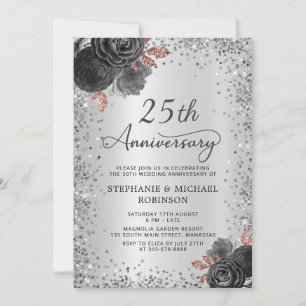 Silver Glitter Floral 25th Wedding Anniversary Invitation