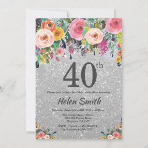 Silver Glitter Floral 40th Birthday Invitation