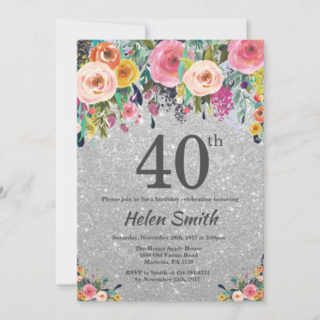 Silver Glitter Floral 40th Birthday Invitation (Front)
