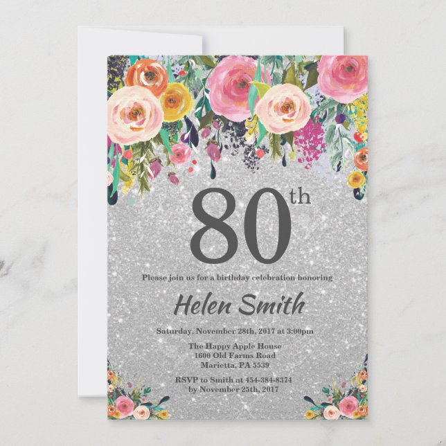 Silver Glitter Floral 80th Birthday Invitation (Front)