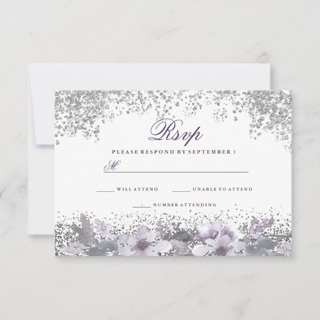 Silver Glitter Floral Purple Wedding RSVP (Front)