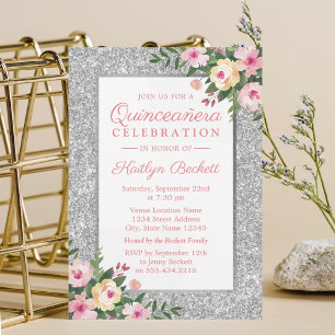 Silver Glitter Floral Quinceañera 15th Birthday Invitation