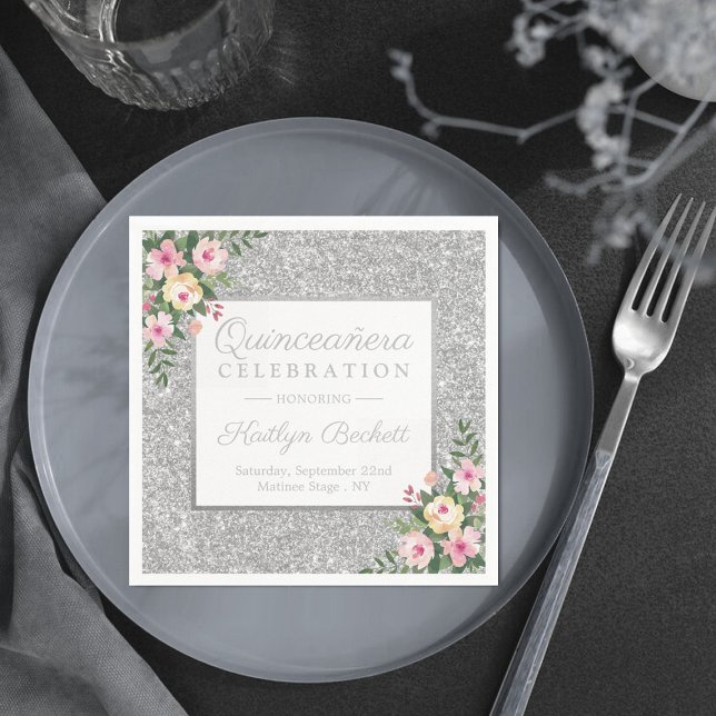 Silver Glitter Floral Quinceañera 15th Birthday Napkin (Creator Uploaded)