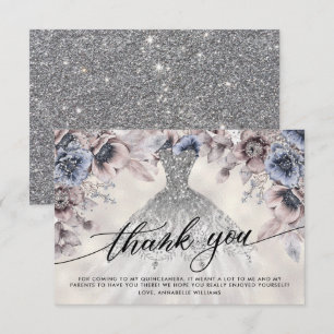 Silver Glitter Floral Quinceañera Thank You Card