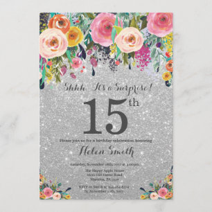 Silver Glitter Floral Surprise 15th Birthday Invitation
