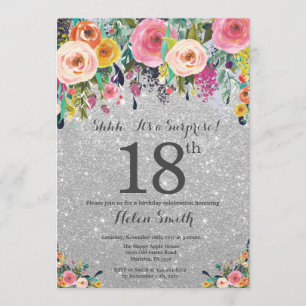 Silver Glitter Floral Surprise 18th Birthday Invitation