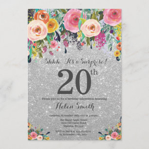 Silver Glitter Floral Surprise 20th Birthday Invitation