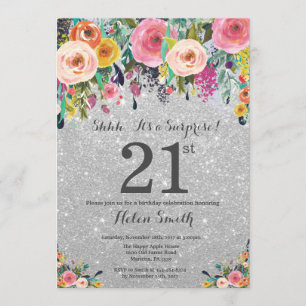 Silver Glitter Floral Surprise 21st Birthday Invitation