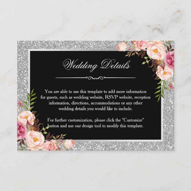 Silver Glitter Floral Wedding Details Reception Enclosure Card (Front)