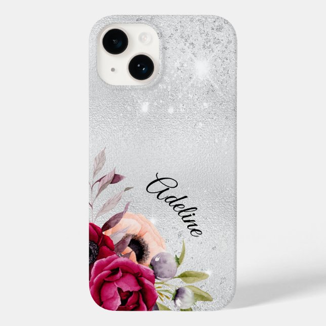 Silver glitter flowers burgundy name Case-Mate iPhone case (Back)