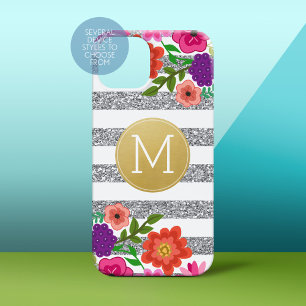 Silver Glitter, Flowers, Stripes, Gold Monogram
