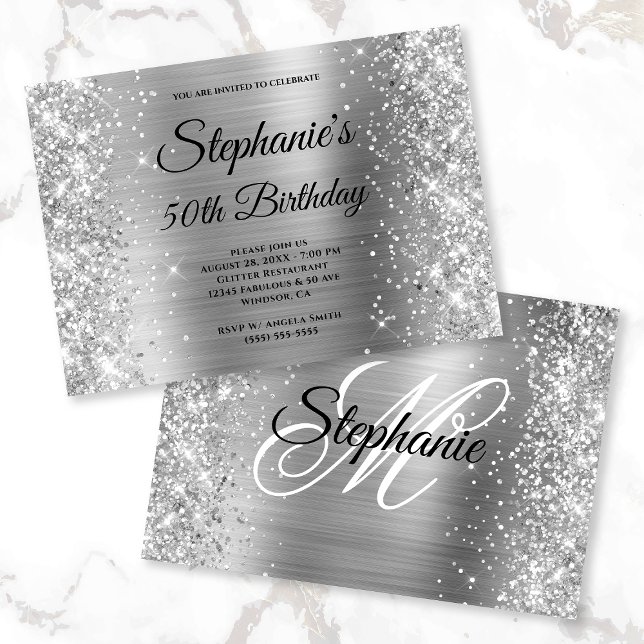Silver Glitter Foil Black and White Monogram Invitation (Creator Uploaded)