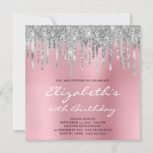 Silver Glitter Foil Drips Pink Ombre 60th Birthday Invitation