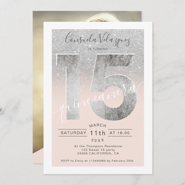 Silver glitter foil script blush quinceanera photo invitation (Front/Back)