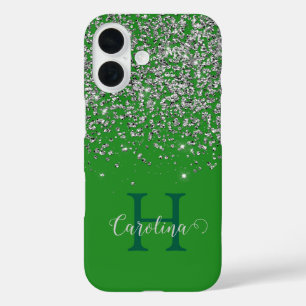 Silver Glitter, Forest Green, Personalised. iPhone 16 Case