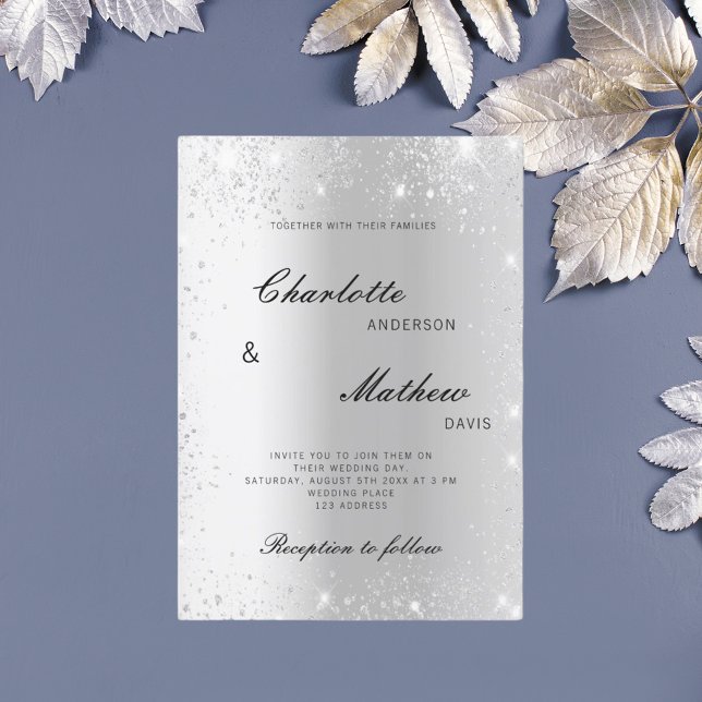 Silver glitter formal script wedding invitation (Creator Uploaded)