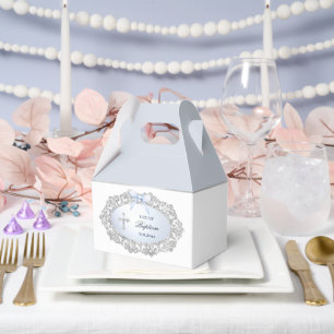 Silver Glitter Frame Blue Bow Baptism Big Gable Favour Box