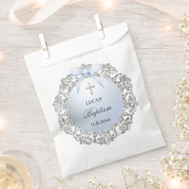 Silver Glitter Frame Blue Bow Baptism Favour Bag (Clipped)