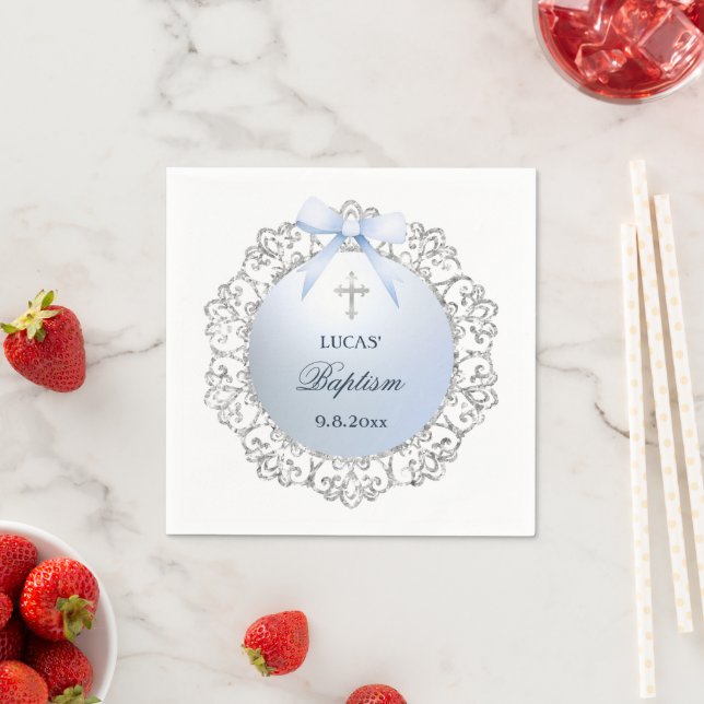 Silver Glitter Frame Blue Bow Baptism Napkin (Insitu)