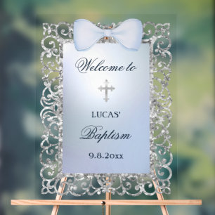 Silver Glitter Frame Blue Bow Baptism Welcome Acrylic Sign