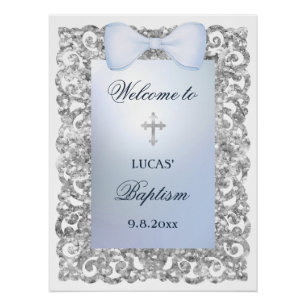Silver Glitter Frame Blue Bow Baptism Welcome Poster