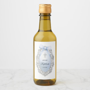 Silver Glitter Frame Blue Bow Baptism Wine Label