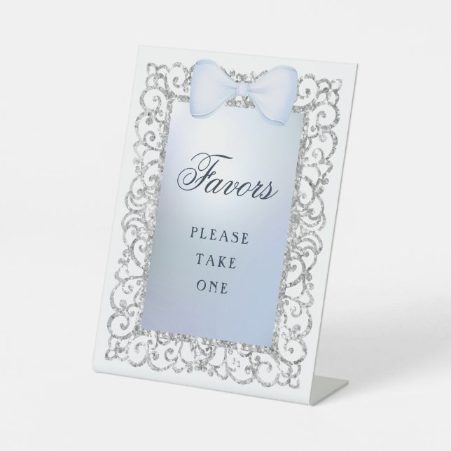 Silver Glitter Frame Blue Bow Favours Pedestal Sign (Front)