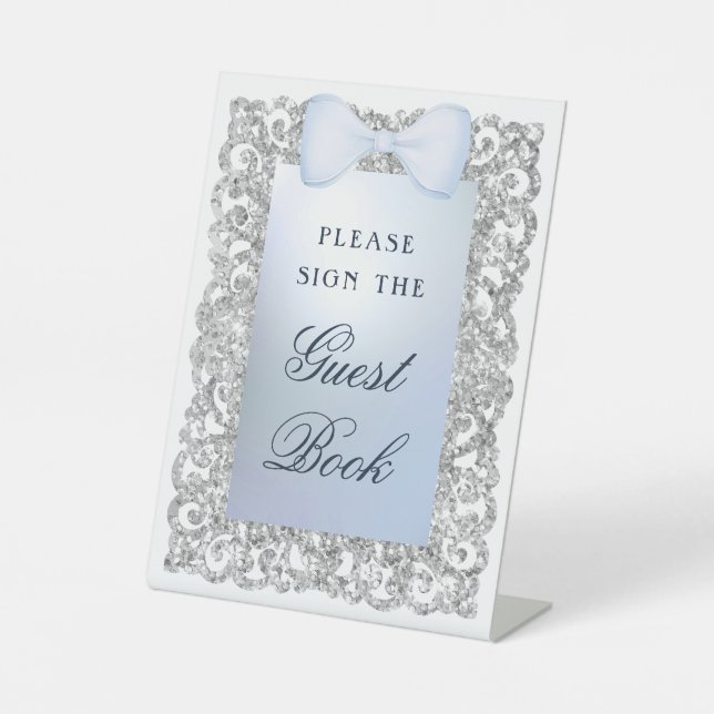 Silver Glitter Frame Blue Bow Guest Book Pedestal Sign (Front)
