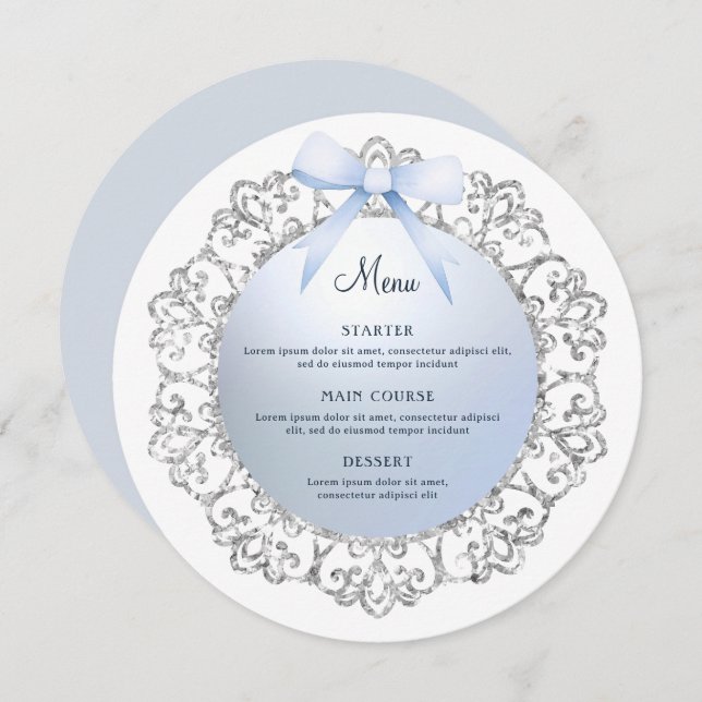Silver Glitter Frame Blue Bow Round Menu (Front/Back)