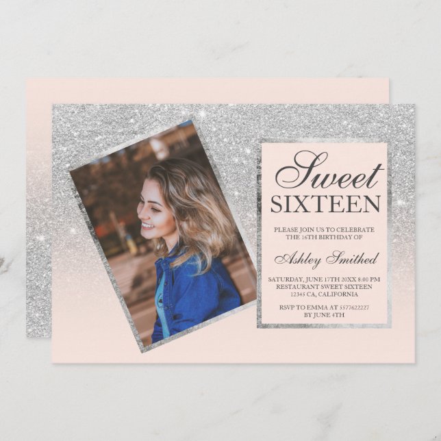 Silver glitter frame blush ombre photo Sweet 16 Invitation (Front/Back)