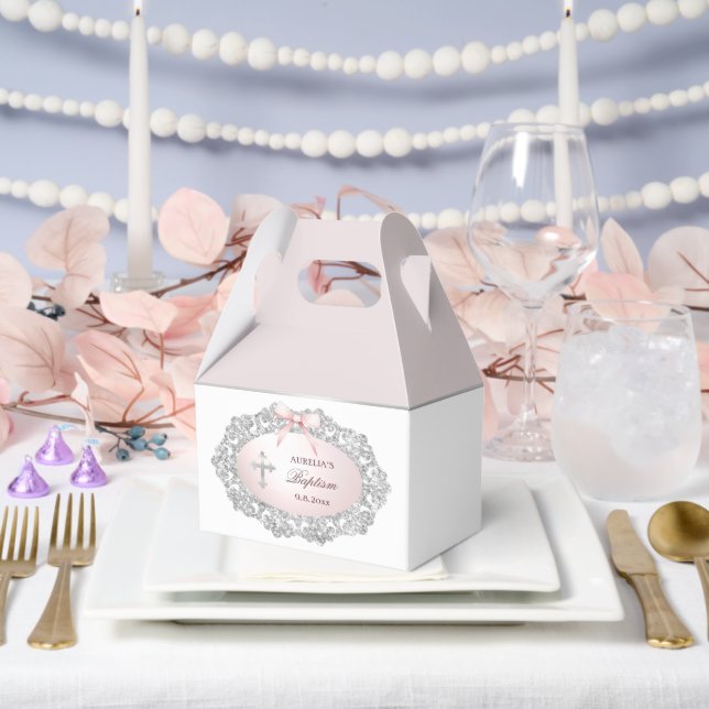 Silver Glitter Frame Pink Bow Baptism Big Gable Favour Box (Wedding)