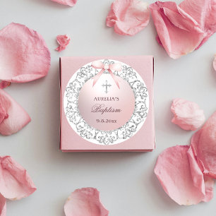 Silver Glitter Frame Pink Bow Baptism Classic Round Sticker