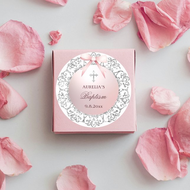 Silver Glitter Frame Pink Bow Baptism Classic Round Sticker (Creator Uploaded)