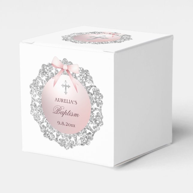 Silver Glitter Frame Pink Bow Baptism Cube Favour Box (Front Side)