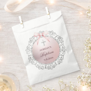 Silver Glitter Frame Pink Bow Baptism Favour Bag