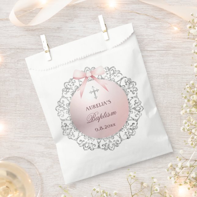 Silver Glitter Frame Pink Bow Baptism Favour Bag (Clipped)