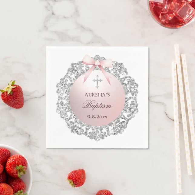 Silver Glitter Frame Pink Bow Baptism Napkin (Insitu)