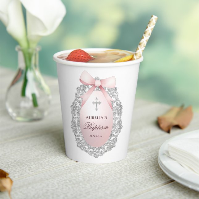 Silver Glitter Frame Pink Bow Baptism Paper Cups (Insitu)