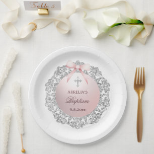Silver Glitter Frame Pink Bow Baptism Paper Plate