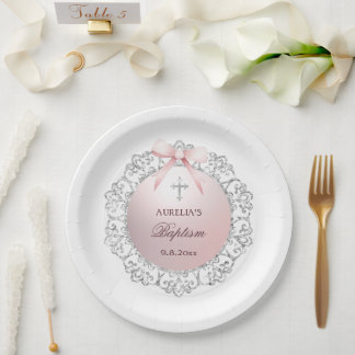 Silver Glitter Frame Pink Bow Baptism Paper Plate