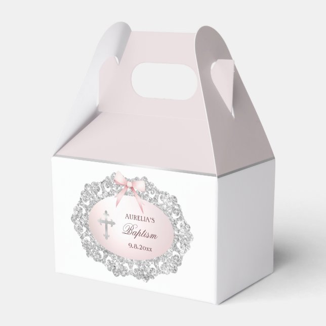 Silver Glitter Frame Pink Bow Baptism Small Gable Favour Box (Front Side)
