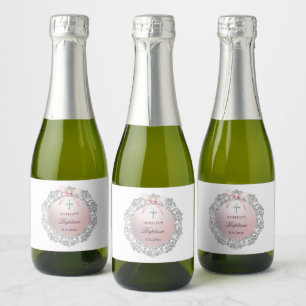 Silver Glitter Frame Pink Bow Baptism Sparkling Wine Label