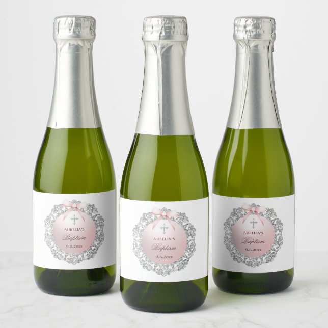 Silver Glitter Frame Pink Bow Baptism Sparkling Wine Label (Bottles)