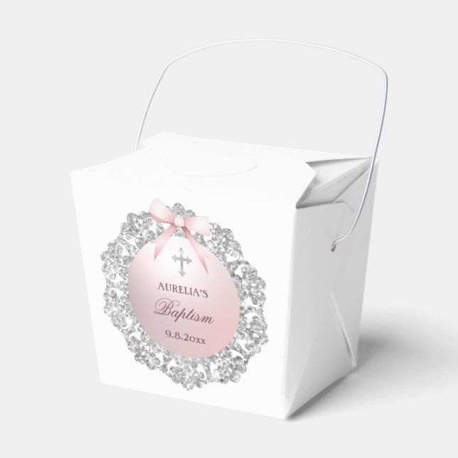Silver Glitter Frame Pink Bow Baptism Take Out Favour Box (Front Side)