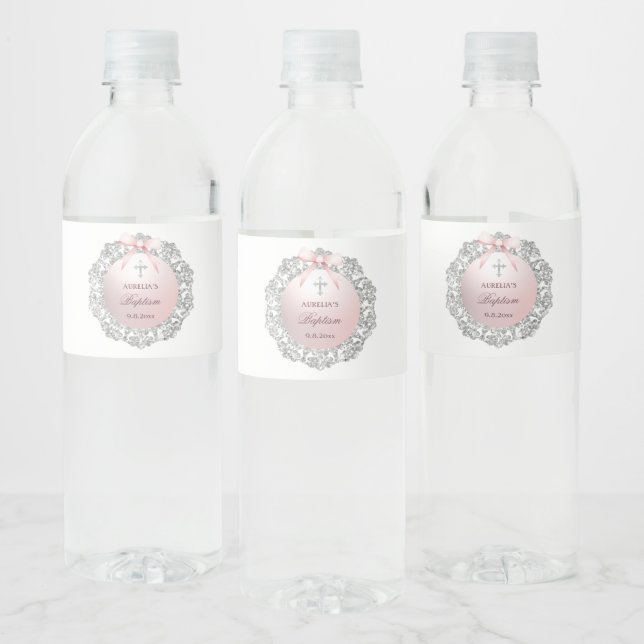 Silver Glitter Frame Pink Bow Baptism Water Bottle Label (Bottles)