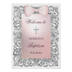 Silver Glitter Frame Pink Bow Baptism Welcome Poster