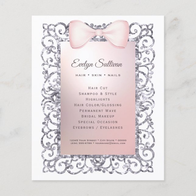 Silver glitter frame pink bow flyer (Front)