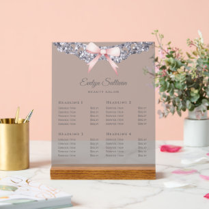 Silver Glitter Frame Pink Bow Price List Acrylic Sign