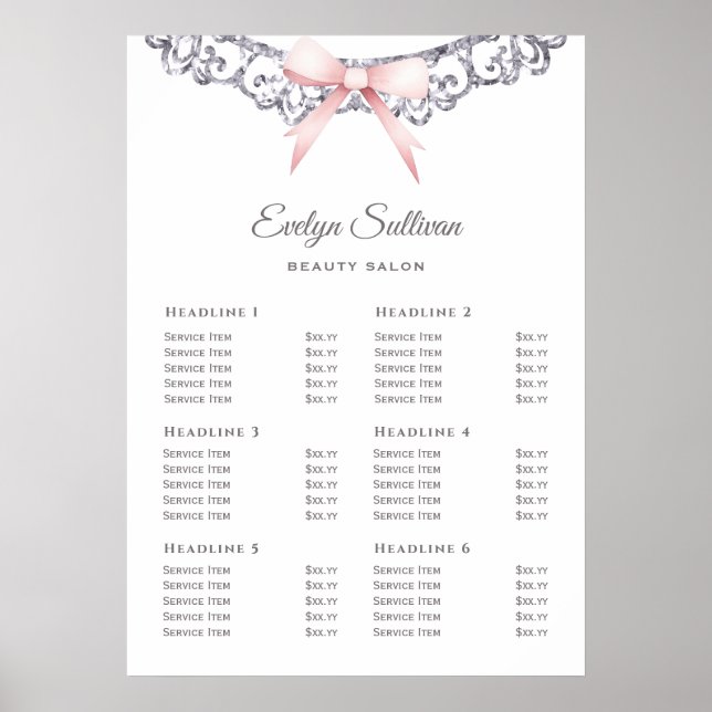 Silver glitter frame pink bow price list poster (Front)