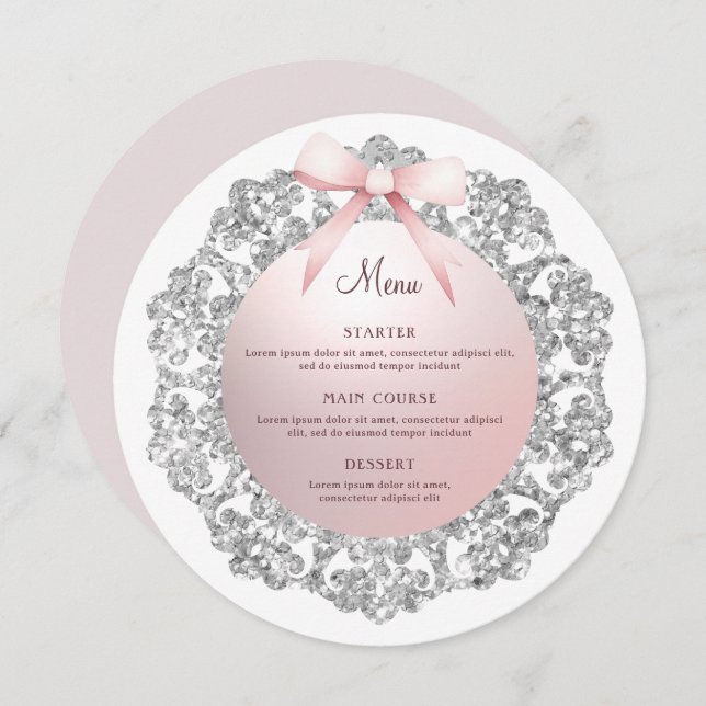 Silver Glitter Frame Pink Bow Round Menu (Front/Back)